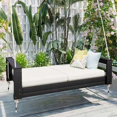 Twin Size Porch Swing Bed Seating Group, Patio Swing Acacia Wood Frame With Ropes, Swings Chair Supporting Up To 400Lbs-Cuddlewood