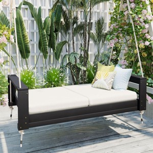 Twin Size Porch Swing Bed Seating Group, Patio Swing Acacia Wood Frame With Ropes, Swings Chair Supporting Up To 400Lbs-Cuddlewood - 1 of 4