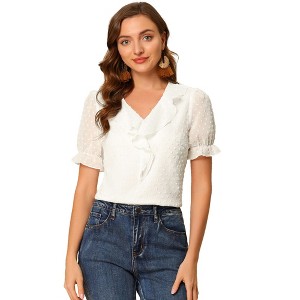 Allegra K Women's Elegant Ruffle V Neck Short Sleeve Swiss Dots Chiffon Blouse - 1 of 4