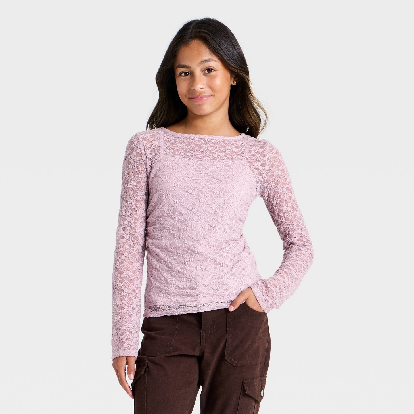 Топ Art Class Lace Ruched Long Sleeve Top для девочек, цвет: Розовато-лиловый — фото 1