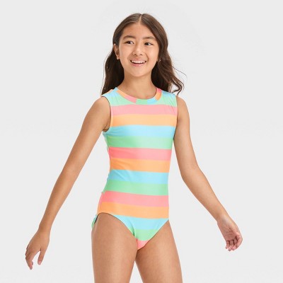 Girls' Tropical Charm Leaf Printed One Piece Rash Guard Swimsuit