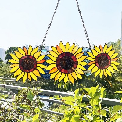 Annuus Floral-Style Yellow and Red Stained Glass Window Panel 22" Wide