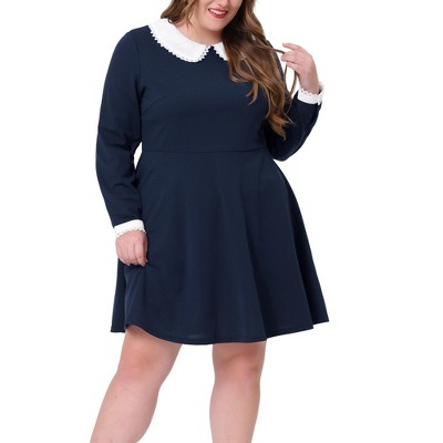 Agnes Orinda Women's Plus Size Long Sleeve Peter Pan Collar Elegant Formal Midi Flare A Line Dresses