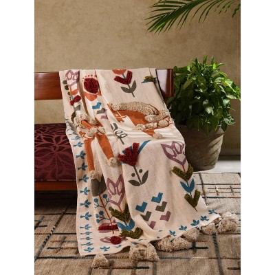 Kyoto Multicolored Cotton Embroidered Throw Blanket 50"x60"
