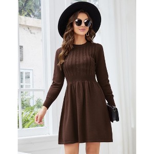Women's 2025 Long Sleeve Mini Sweater Dress Crewneck Ribbed Knit a Line Pleated Swing Short Dresses - 1 of 4