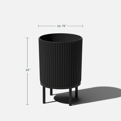 Black Fluted Concrete-Composite Planter with Acacia Wood Stand