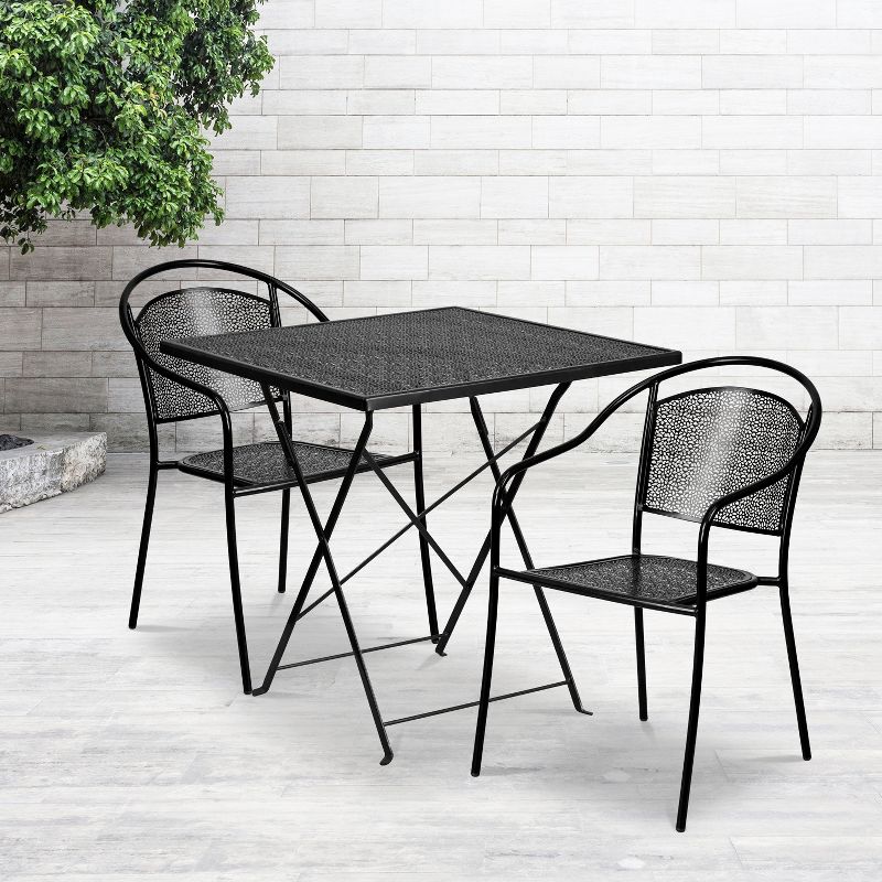 Emma and Oliver Commercial Grade 28" Square Black Folding Patio Table Set-2 Round Back Chairs, 2 of 5