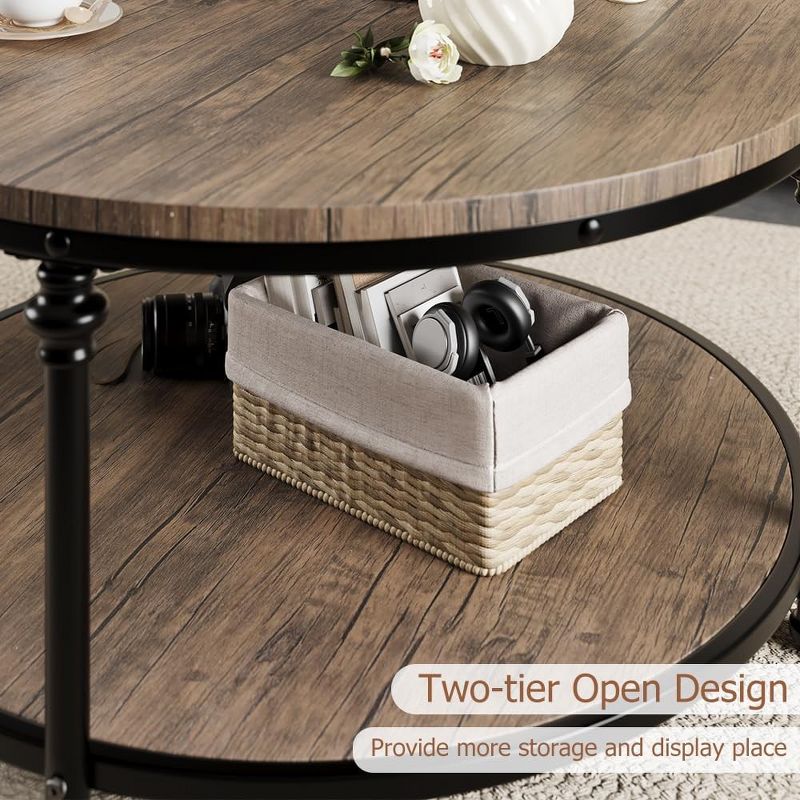 Round Coffee Table Living Room Rustic Center Table with Storage Wood Circle Coffee Table 34"in (Light Walnut), 5 of 7