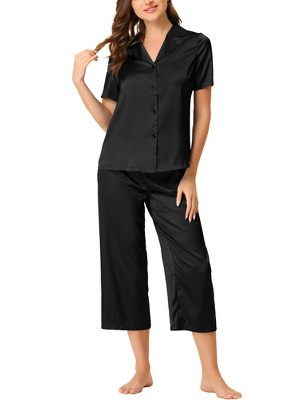 cheibear Women's Soft Satin Button Down with Capri Pants Lounge Pajama Set
