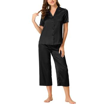 cheibear Women's Satin Pajama Sleepwear Button Down with Capri Pants Lounge Pjs Set