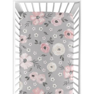 Sweet Jojo Designs Girl Baby Fitted Crib Sheet Watercolor Floral Grey and Pink - 1 of 4
