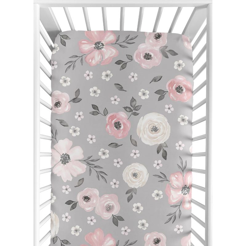 Sweet Jojo Designs Girl Baby Fitted Crib Sheet Watercolor Floral Grey and Pink, 1 of 8