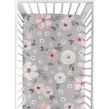 Sweet Jojo Designs Girl Baby Fitted Crib Sheet Watercolor Floral Grey and Pink