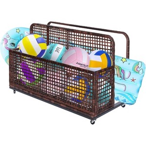 Waterproof Wicker Pool Float Storage Basket with Rolling Wheels, Large Outdoor Organizer, Patio Deck Box for Backyard and Poolside Use - 1 of 4