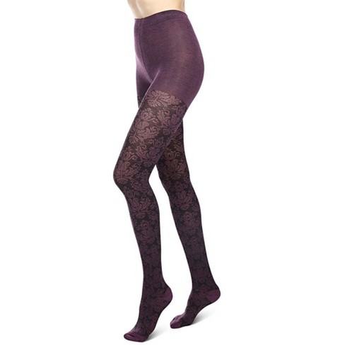 Memoi Baroque Patterned Cotton Blend Sweater Tights Grape Heather M L