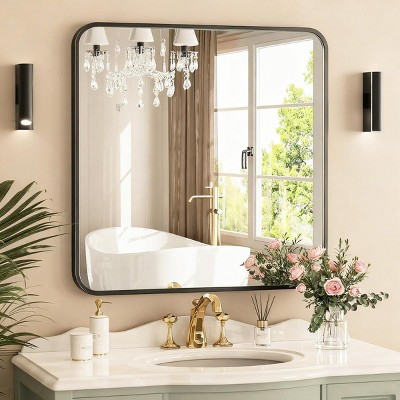 Square Bathroom Mirror for Over Sink, Modern Metal Frame Shatterproof Wall Mirror