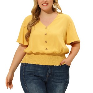 Agnes Orinda Women's Plus Size Smocked Waist V Neck Button Up Short Sleeve Shirred Blouses - 1 of 4