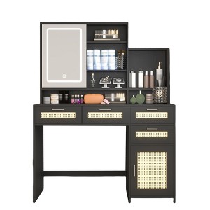 Makeup Vanity With Mirror, 3 Colors Lights, Vanity Desk With 4 Drawers, 1 Cabinets And Shelves, Vanity Table Rattan Vanity Dresser for Bedroom - 1 of 4