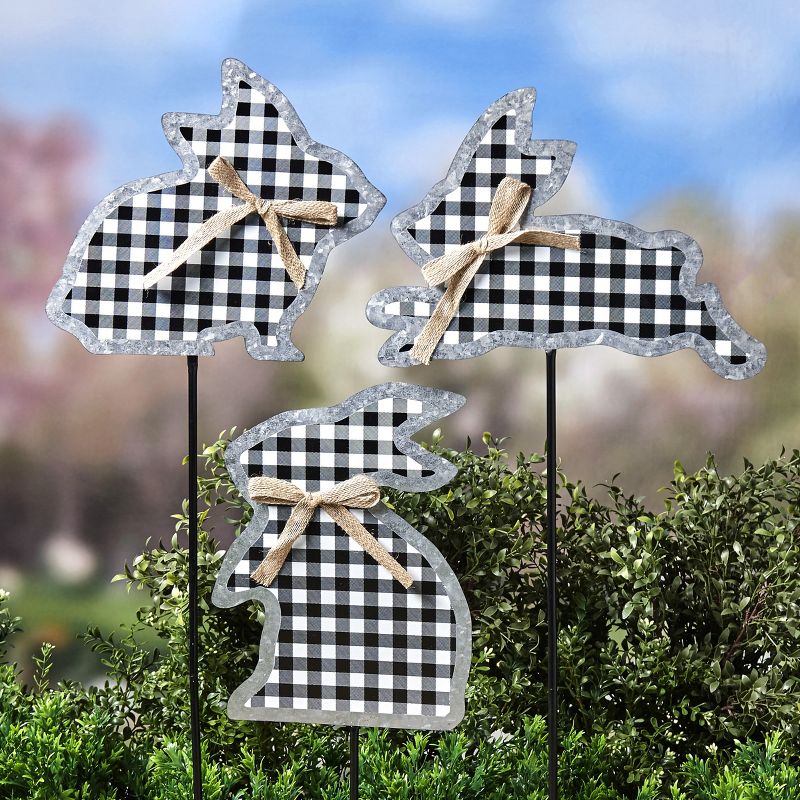 The Lakeside Collection Galvanized Gingham Bunny Stakes, 3 of 4