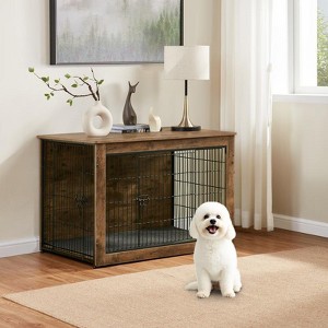 Aukfa 27 in Multi-Functional Dog Kennel Furniture - Heavy Duty Wooden Crate & End Table with Dual Doors, Adjustable Feet, Rustic Brow - 1 of 4