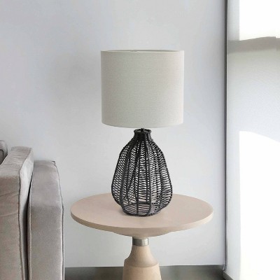 21" Vintage Rattan Wicker Style Paper Rope Bedside Table Lamp with Fabric Shade - Lalia Home