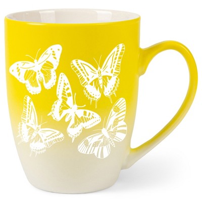Elanze Designs Butterflies Two Toned Ombre Matte Yellow and White 12 ounce Ceramic Stoneware Coffee Cup Mug