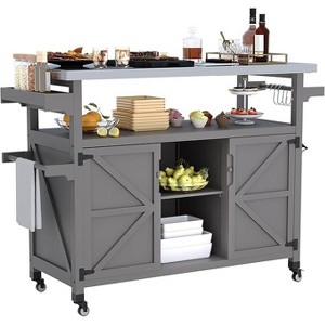 Outdoor Grill Cart with Storage Cabinet, Wood Outdoor Kitchen Island on Wheels, with Stainless Steel Table Top, Spice Rack, Lockable Wheels - 1 of 4