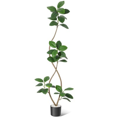 Artificial Rubber Tree with White Sphere Resin Planter Brown Stone Faux Tall Indoor Tropical Large Floor Real Touch Fake Plant for Home Decor
