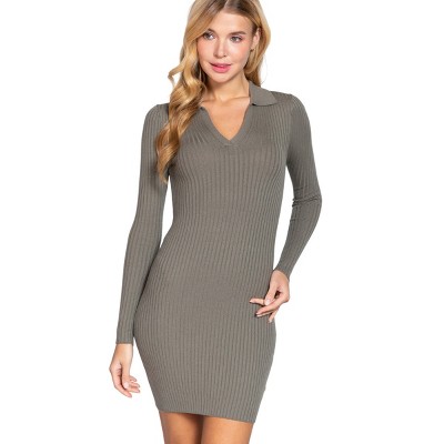 Slickblue Womens Long Sleeve V-Neck Rib Mini Dress, Notched Collar Knit Sweater Dress, Sage Green, Size S-L