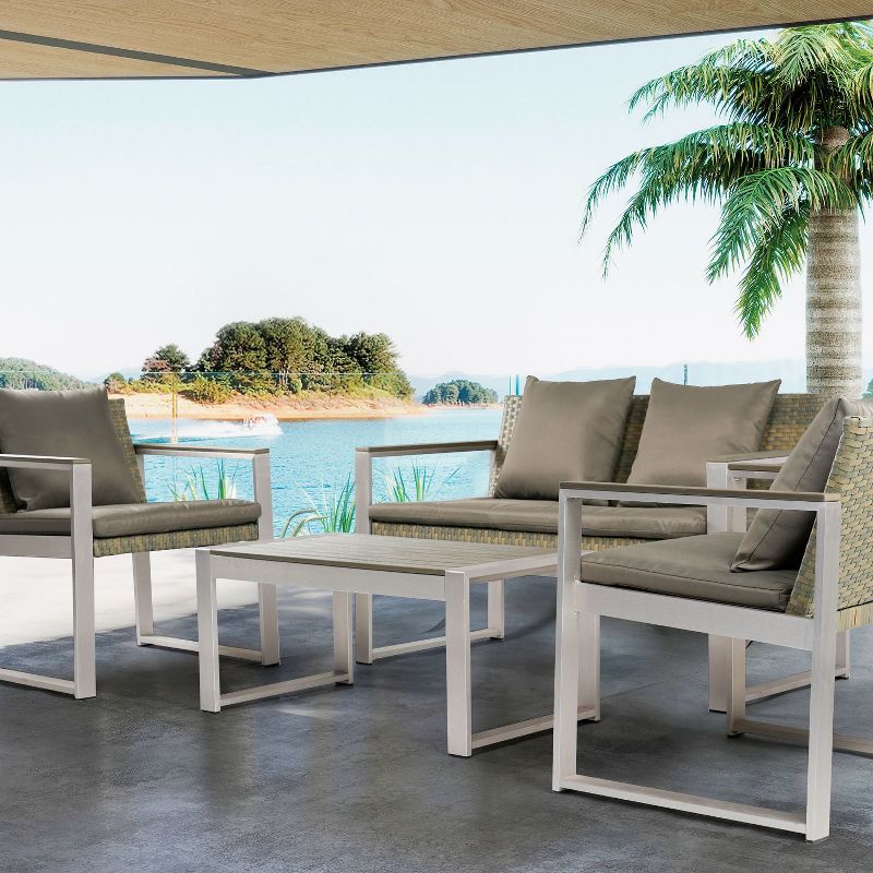 Patti 4-piece Aluminum Frame and Rattan Patio Conversation Set with Wood-like Coffee Table, Outdoor Furniture - Maison Boucle, 2 of 9