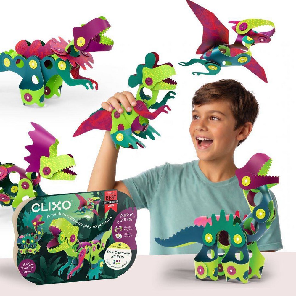 Clixo Dino Discovery Magnetic Set: 22 Flexible Piece STEM Building Set for Kids Ages 6+