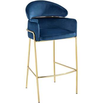 Studio 55D Barta Champagne Gold Bar Stool 31 3/4" High Modern Blue Velvet Upholstered Cushion with Backrest Footrest for Kitchen Counter Height Island