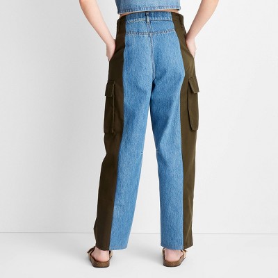 Women's Mid-Rise Barrel Leg Mixed Fabric Jeans - Future Collective Blue Denim