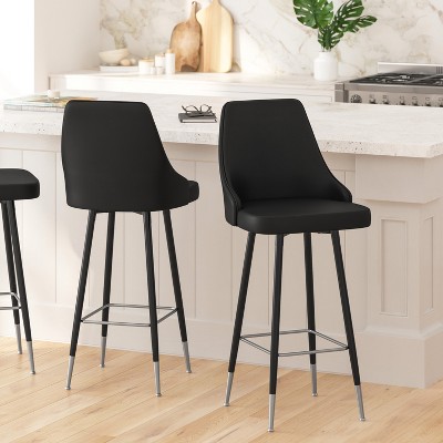 Set of Two Black Faux Leather Adjustable Dining Stools with Chrome Accents