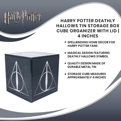 Black Tin Cube Storage Box with Deathly Hallows Design
