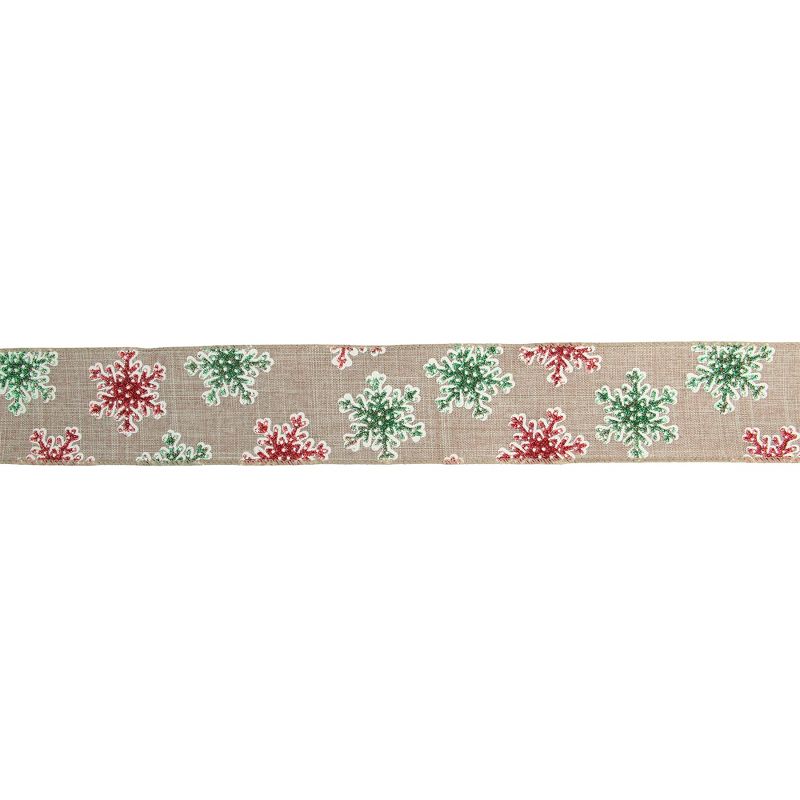 Northlight Red and Green Snowflake Burlap Christmas Wired Craft Ribbon 2.5" x 16 Yards, 1 of 4