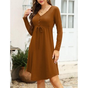 Women's High Waist Drawstring Dress Casual V-Neck Pleated Button Down Long Sleeves Knee Length Midi Dresses - 1 of 4
