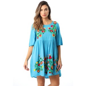 Riviera Sun Rayon Crepe Short Dress with Multicolored Embroidery (Turquoise, Large) - 1 of 4
