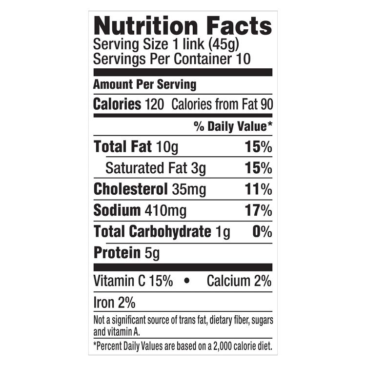 Nutrition label showing serving size 1 link (45g), 120 calories, 10g total fat, 35mg cholesterol, 410mg sodium, 1g total carbohydrate, 5g protein, and percentages of Vitamin C, Calcium, and Iron.