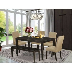 Brown Linen Fabric Rectangular Dining Table Set 6PC Cappuccino Brown - HomeStock - 1 of 4