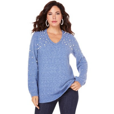 Roaman's Women's Plus Size Embellished Pullover Sweater With Blouson Sleeves