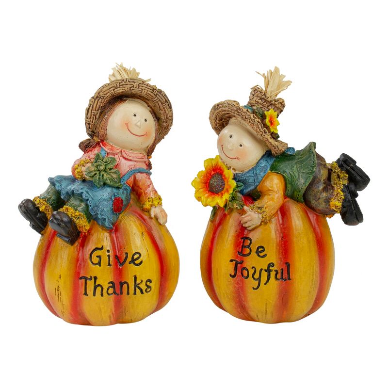 Northlight Set of 2 Girl and Boy Scarecrows on Pumpkins Fall Figurines 6", 1 of 7