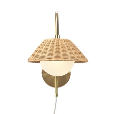 Gold Iron Wall Sconce with Rattan Shade and Frosted Globe