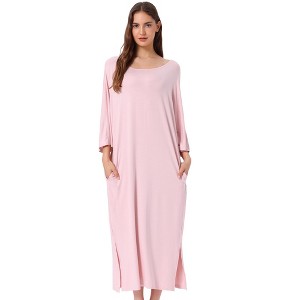 cheibear Women's Soft Three Quarter Sleeve Solid Slit Hem Pajama Dress - 1 of 4