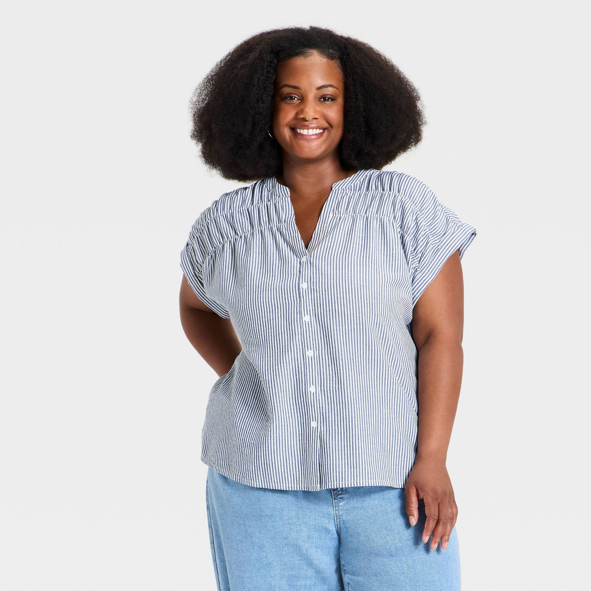 Women's Dolman Short Sleeve Smocked V-Neck Button-Front Top - Ava & Viv™