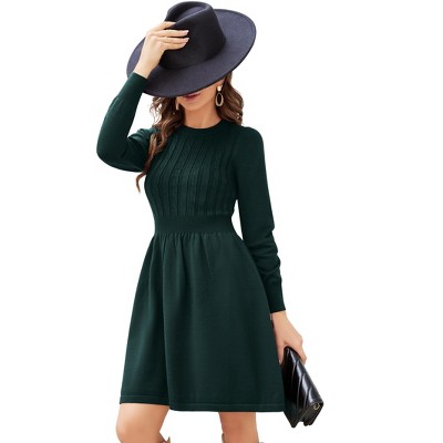Womens Sweater Dress Long Sleeve Crewneck High Waist A-Line Cute Knitted Mini Sweater Dress