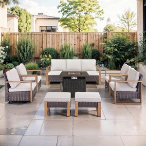 Gymojoy 6/8PCS 50000 BTU Gas Firepit Table with Outdoor 3-Seat Sofa Swivel Chair Ottoman Set - 1 of 4