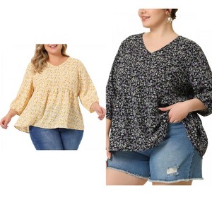 Women's Plus Size 2 Pieces V Neck Babydoll 3/4 Sleeve Pleat Floral Flowy Blouses - Agnes Orinda - 1 of 4