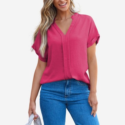 Amaryllis Women’s Textured Short Sleeve V Neck Blouse with Cuffed Sleeves Relaxed Fit Pull-On Style
