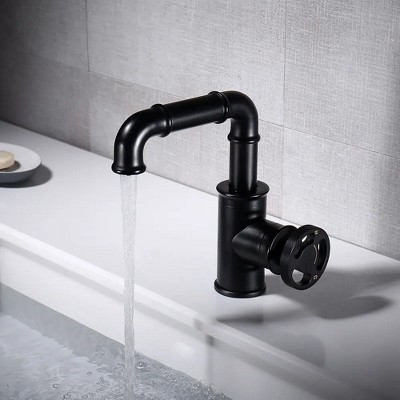 Yukimo Industrial Pipe 1-Hole Bathroom Sink Faucet Single Handle Solid Brass in Matte Black
